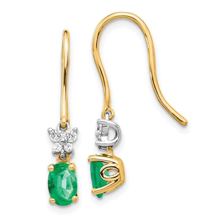 14k Two-tone 1/8ct Diamond and Oval Emerald Shepherd Hook Earrings