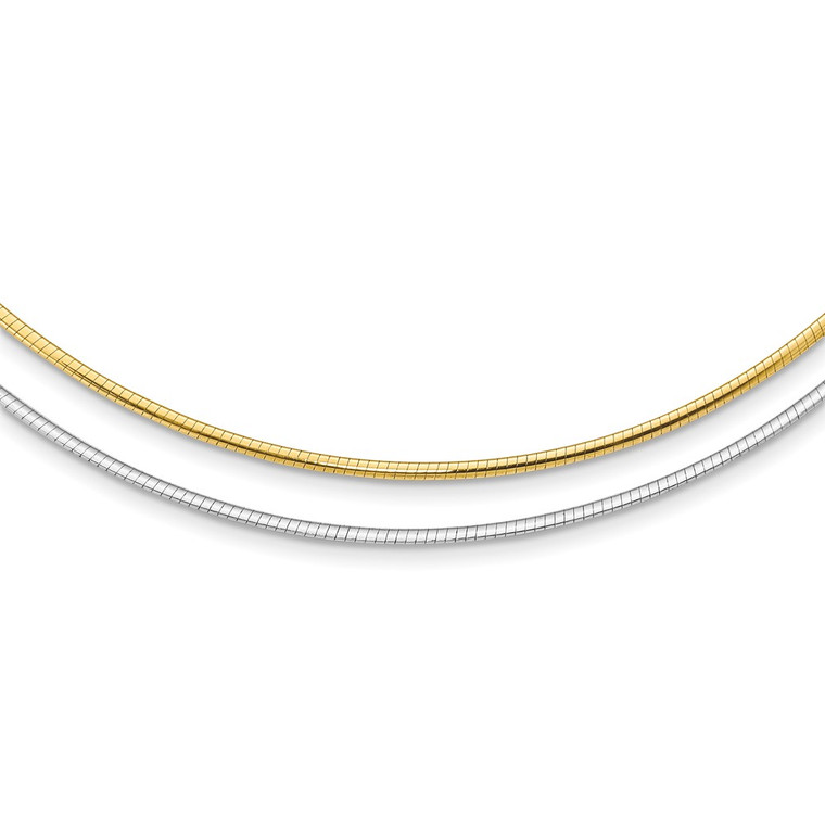 14k Two-tone 2mm Reversible White and Yellow 18 inch Omega Necklace Plus 2 inch Heart Chain Extender