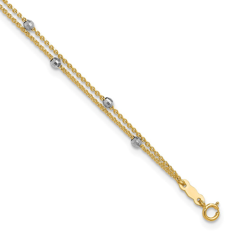 14K Two-tone 2-Strand Spiga Chain with Mirror Beads 9 inch Anklet Plus 1 inch Heart Dangle Extender