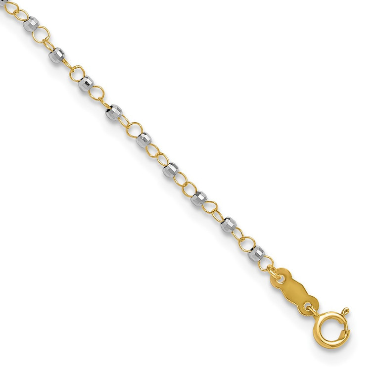 14K Two-tone Circle Chain with Mirror Beads 9 inch Anklet Plus 1 inch Heart Dangle Extender