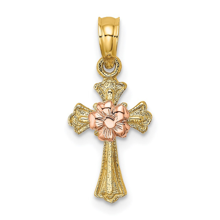 14k Two-Tone Cross w/ Small Flower Charm