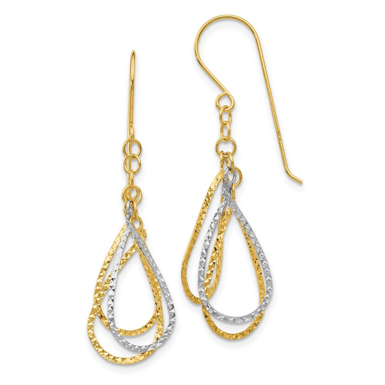 14K Two-tone Diamond Cut Tear Drop Shepherd Hook Earrings