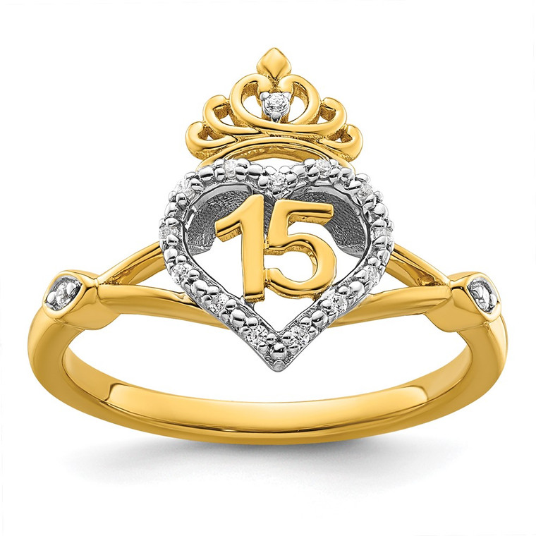 14K Two-tone Polished Diamond Quinceanera Heart/Crown Ring
