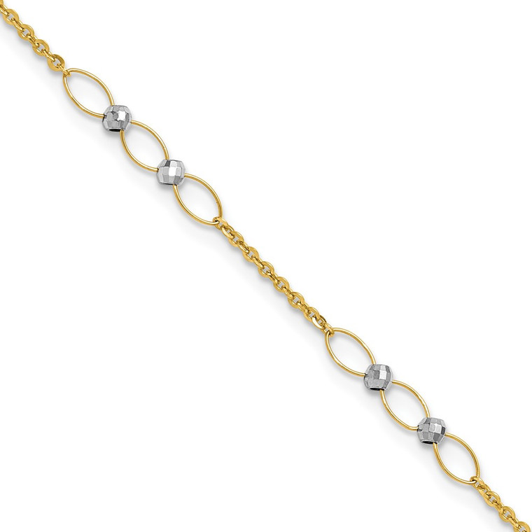 14k Two-tone Polished Oval Links and Faceted Beads 9 inch Anklet Plus 1 inch Heart Dangle Extender