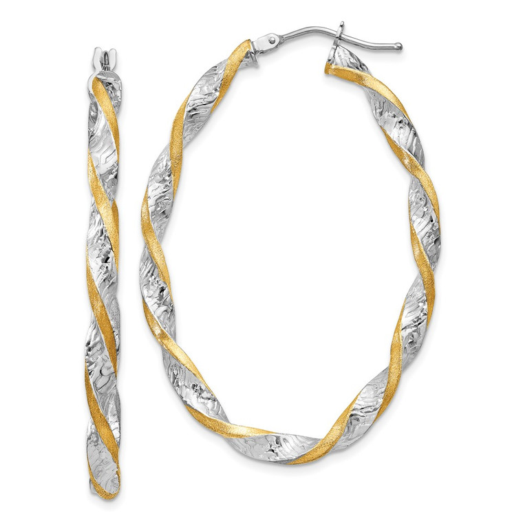 14k White Gold & Yellow Rhodium Twisted D/C Oval Hoop Earrings - PR-B4C30704-4702
