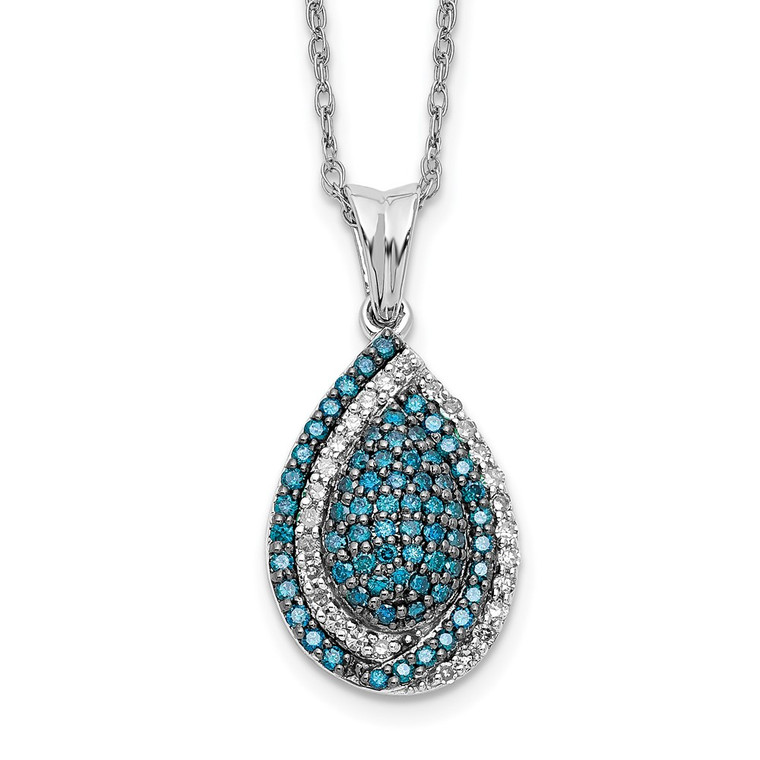14k White Gold 1/2 carat Blue and White Diamond Teardrop Pendant 18 inch Necklace