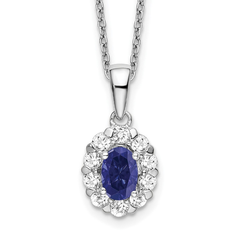 14k White Gold 1/2 carat Lab Grown Diamond VS/SI+ G+ and Oval Lab Created Blue Sapphire Complete 18 inch Halo Pendant Necklace