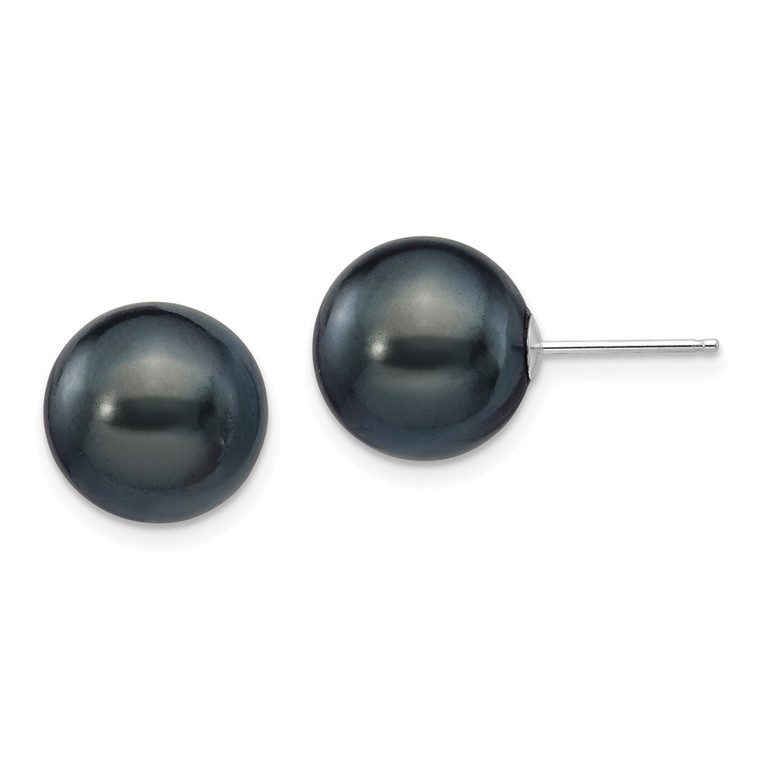 14k White Gold 10-11mm Black Round Freshwater Cultured Pearl Stud Post Earrings