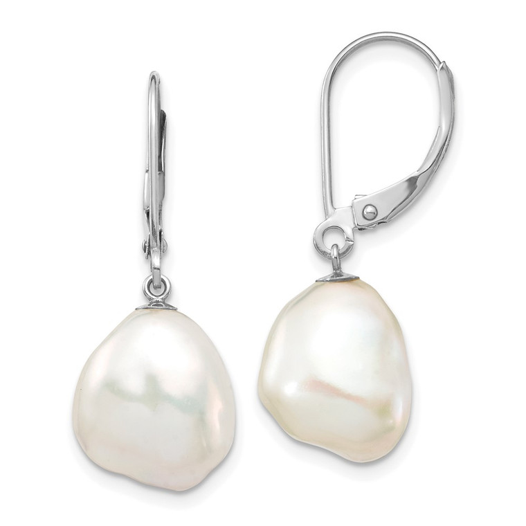 14k White Gold 10x13mm White Keshi Freshwater Cultured Pearl Dangle Leverback Earrings