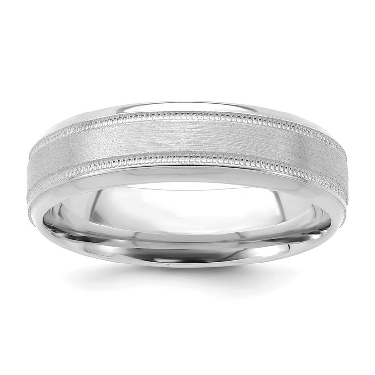 14k White Gold 6mm Standard Weight Comfort Fit Brushed Satin/Polished Milgrain Grooved Edge Wedding Band Size 13.5
