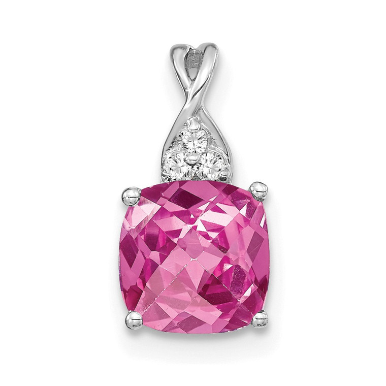 14K White Gold Checkerboard Created Pink Sapphire and Diamond Pendant