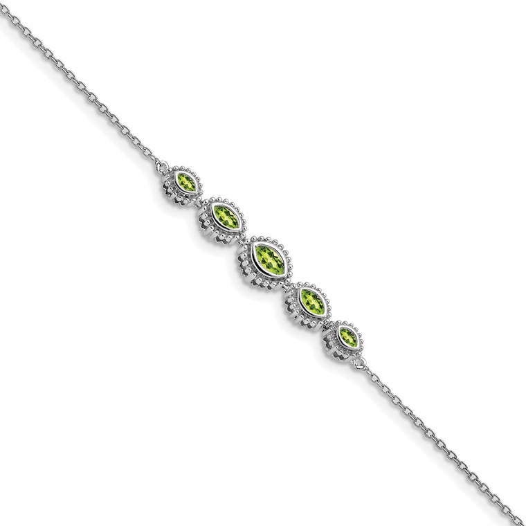 14k White Gold Complete 5-Stone Bezel-set Marquise Peridot and Chain 7 inch Bracelet