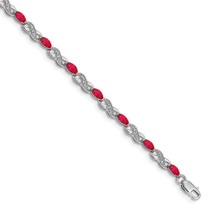 14k White Gold Complete Diamond and Oval Ruby Infinity 7.25 inch Bracelet