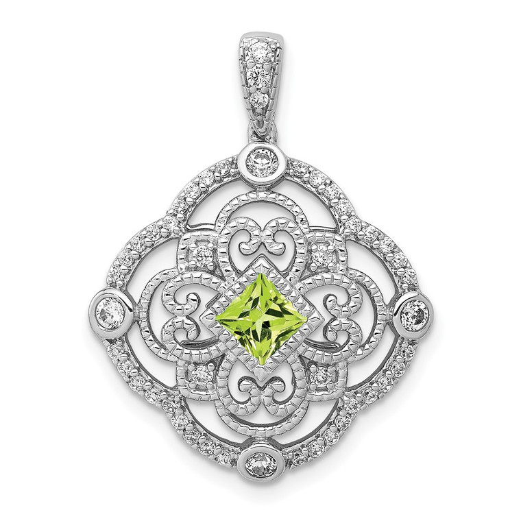 14k White Gold Diamond and .40 Peridot Fancy Filigree Pendant