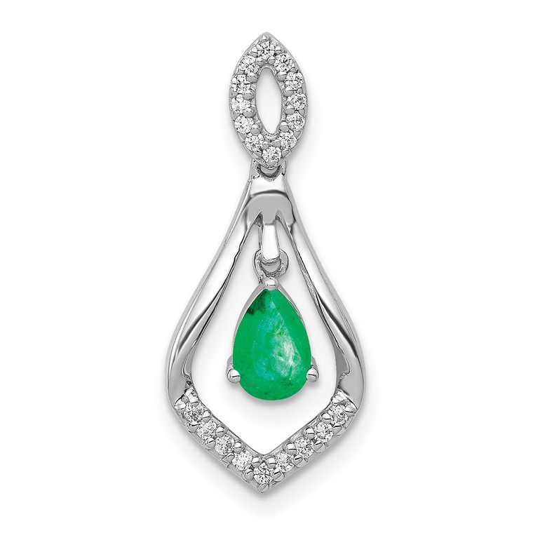 14k White Gold Diamond and Teardrop Emerald Dangle Pendant