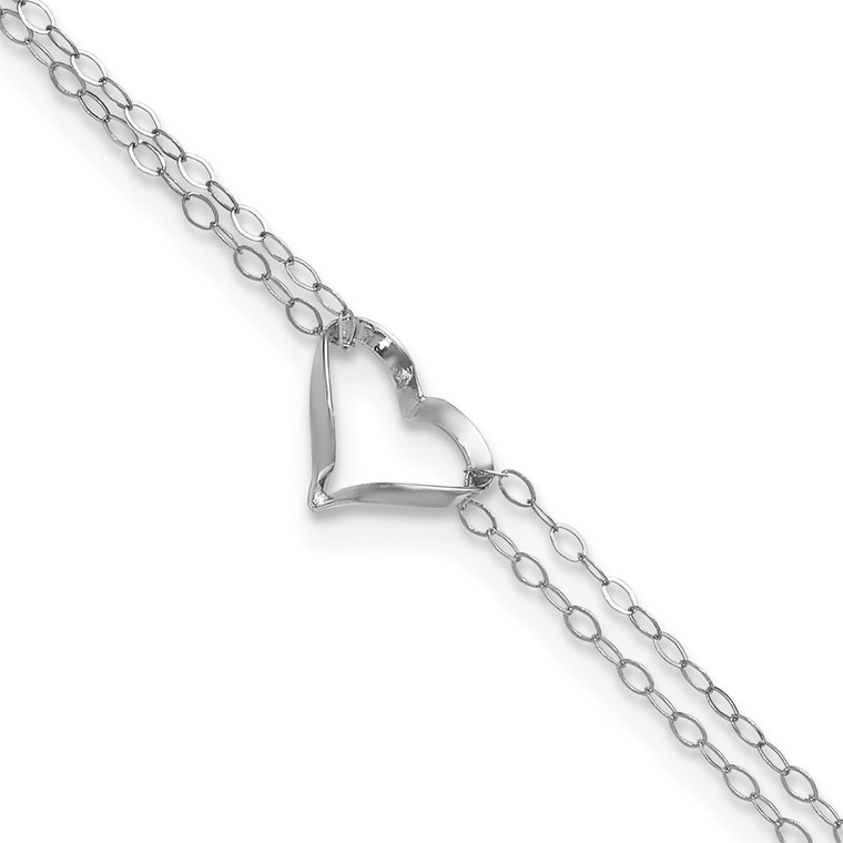 14k White Gold Double Strand Chain and Open Twisted Heart 10 inch Anklet Plus 1 inch Heart Dangle Extender