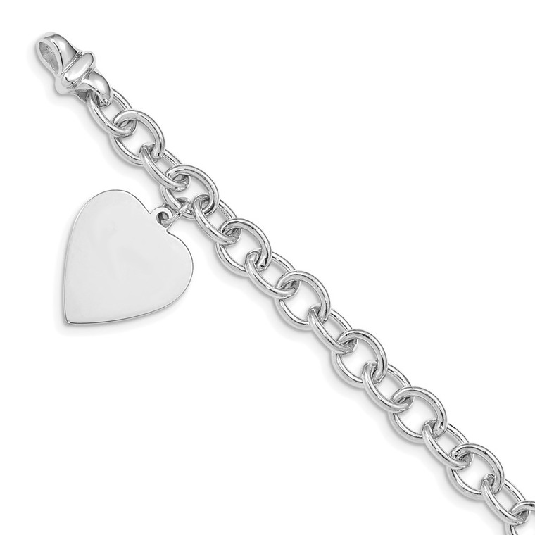 14k White Gold Engravable 23x17mm Solid Dangle Heart Charm and Solid Polished Link 8.5 inch Bracelet