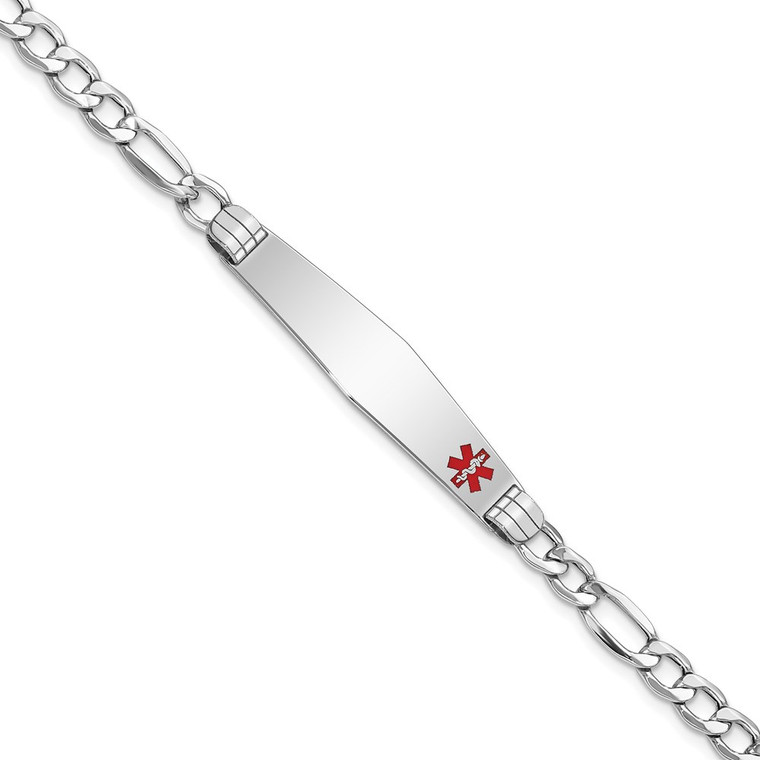 14K White Gold Medical Semi-Solid Chain/Solid Plate Soft Diamond Shape 37x9mm Off-Center Red Enamel Figaro Link 8 inch ID Bracelet