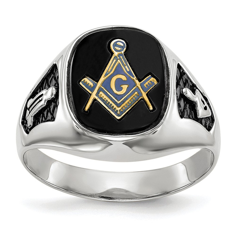 14k White Gold Men's Polished and Textured with Black Enamel and Onyx Masonic Ring - Y1-3DF7BFDA-9201