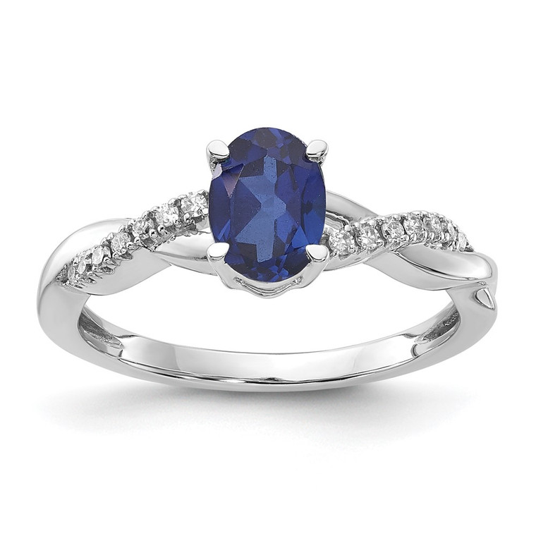 14K White Gold Oval Created Sapphire and Diamond Ring