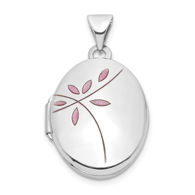 14k White Gold Pink Enamel Leaves 19mm Oval Locket