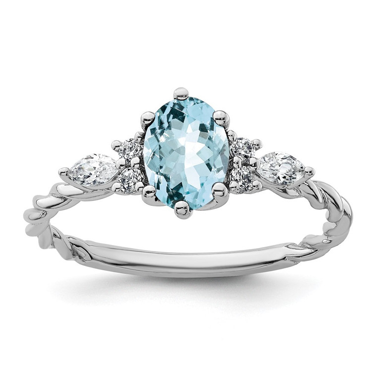 14K White Gold Polished Diamond and Aquamarine Twisted Ring