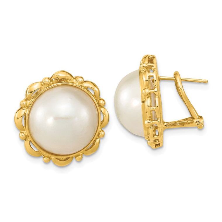 14k 13-14mm White Mabe Saltwater Cultured Pearl Omega Back Earrings - XM-A44D1031-4838