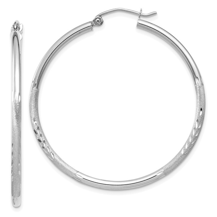 14k White Gold Satin and Diamond-cut 2mm Round Hoop Earrings - TC-0D49FACC-9131