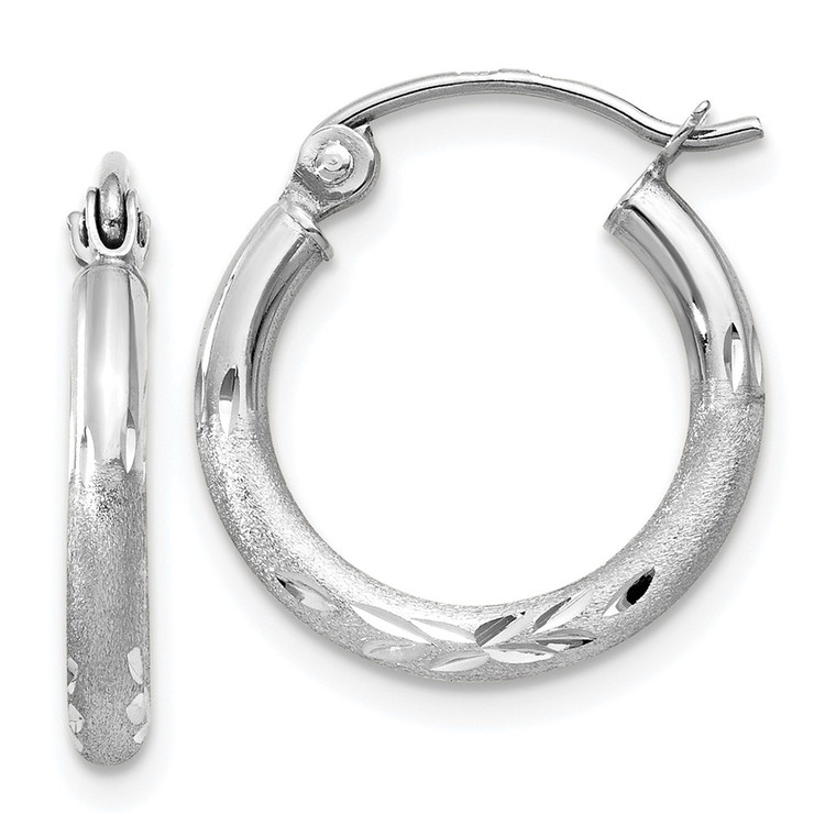 14k White Gold Satin and Diamond-cut 2mm Round Hoop Earrings - TC-6FB8AF63-8763