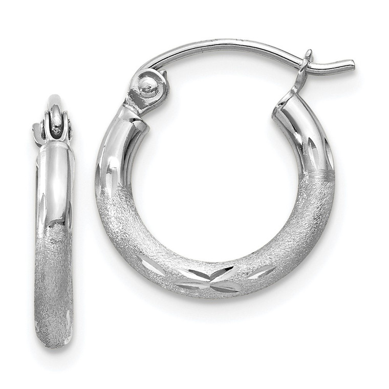 14k White Gold Satin and Diamond-cut 2mm Round Hoop Earrings - TC-A74FAF11-3240