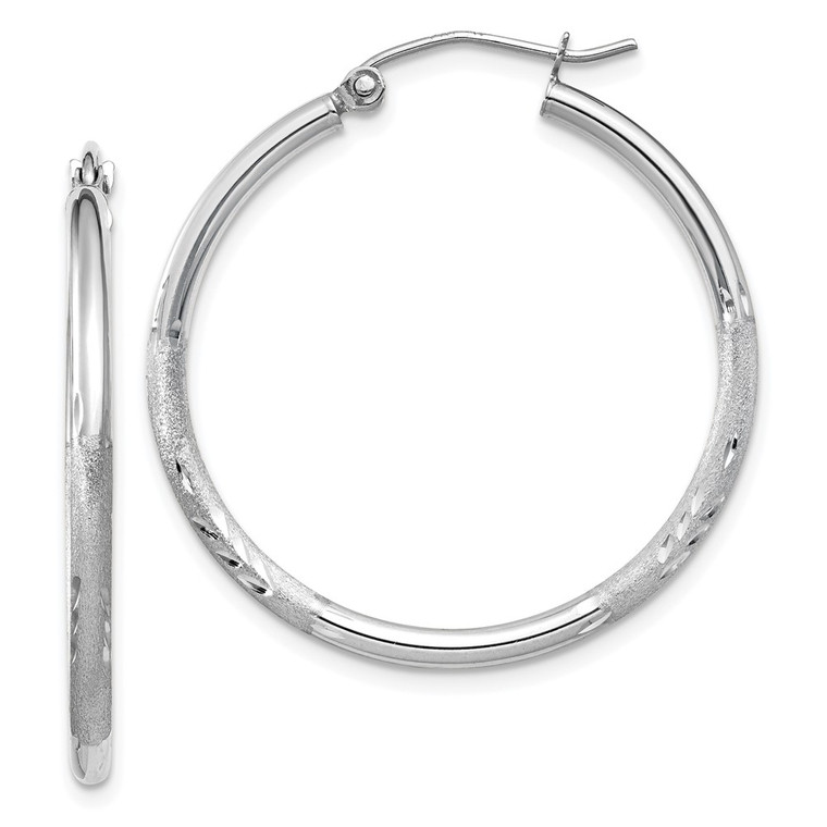 14k White Gold Satin and Diamond-cut 2mm Round Hoop Earrings - TC-B0E9DCF0-9232