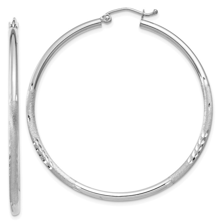 14k White Gold Satin and Diamond-cut 2mm Round Hoop Earrings - TC-D3BA4429-2924