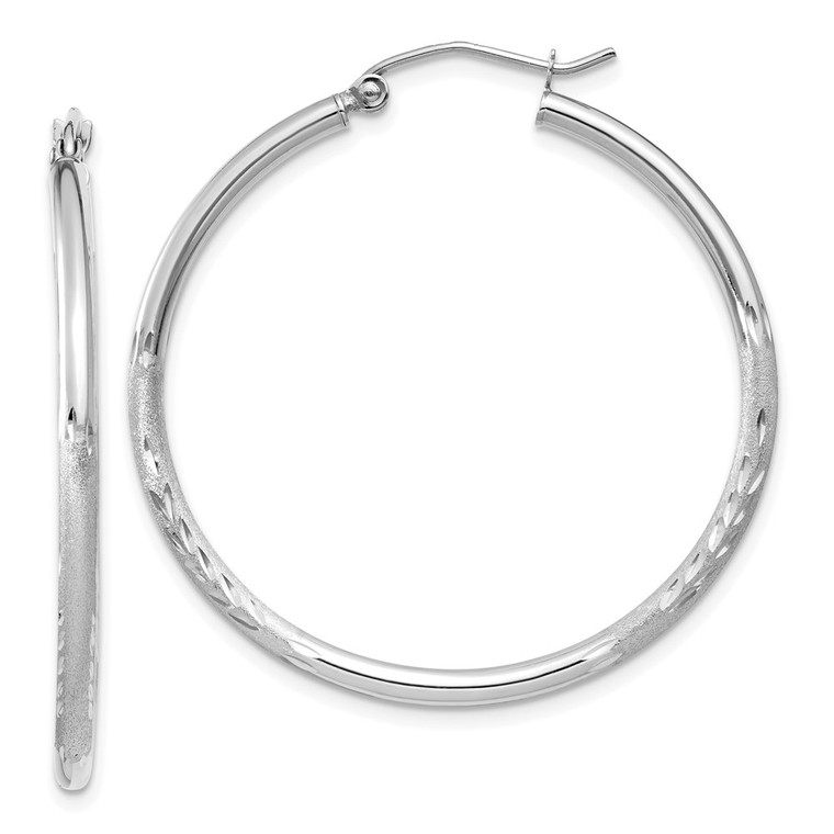 14k White Gold Satin and Diamond-cut 2mm Round Hoop Earrings - TC-D7E5AECB-2158
