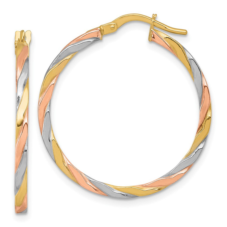 14k with Rose and White Rhodium Polished Twisted 2.00 x 28mm Tube Hoop Earrings