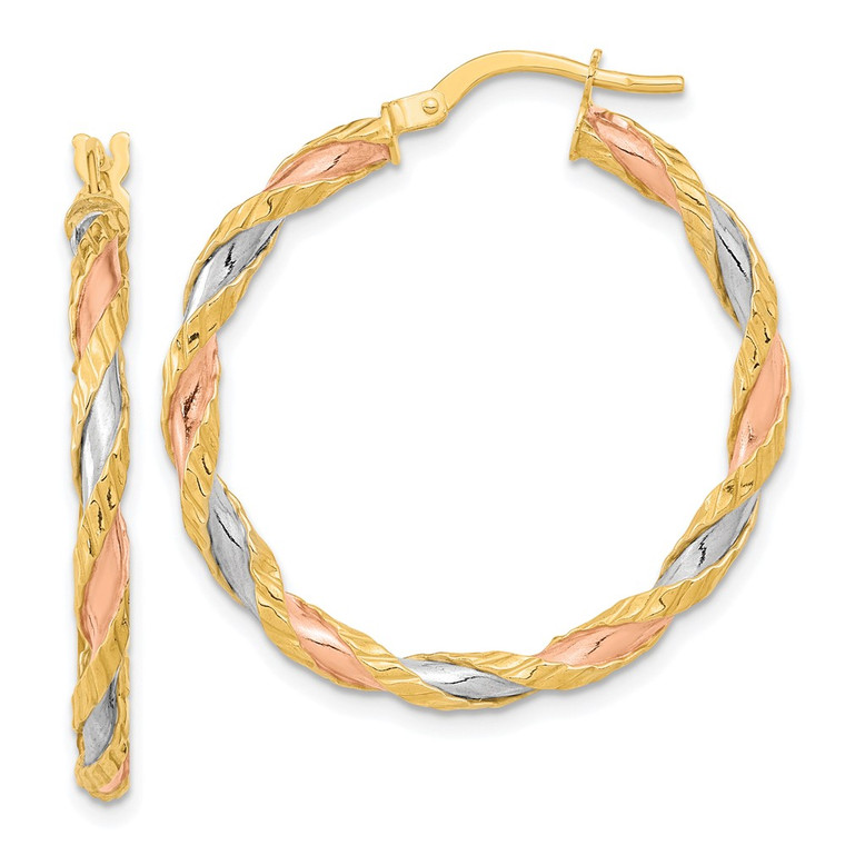 14K with Rose and White Rhodium Textured Twisted Hoop Earrings - TF-8F9A356E-5028