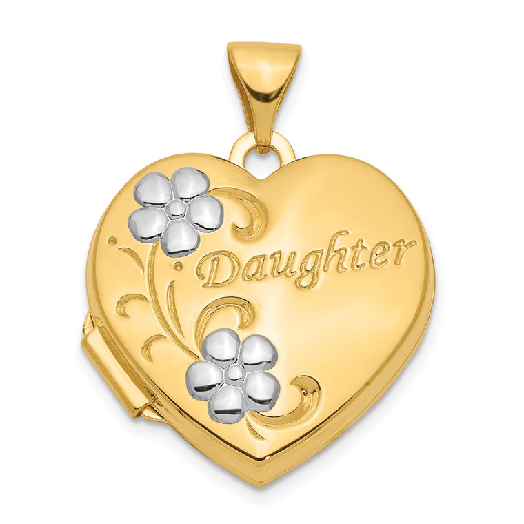 14k with White Rhodium DAUGHTER Script Floral 18mm Heart Locket