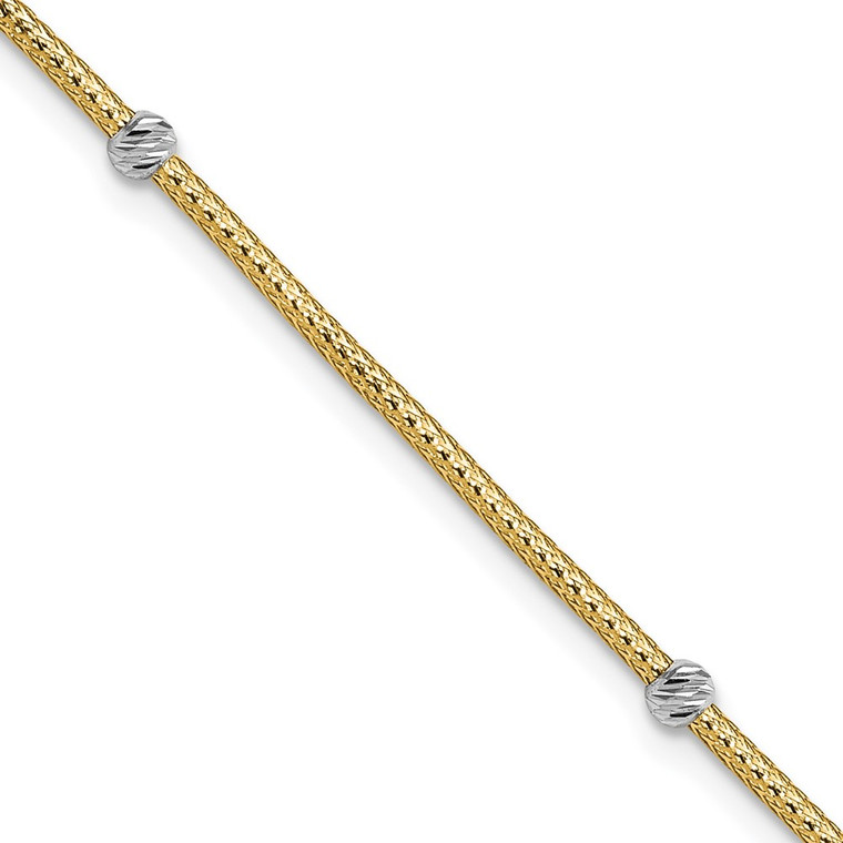14K with White Rhodium Woven Flexible Diamond-cut Moveable Beads 7.25 inch Bracelet
