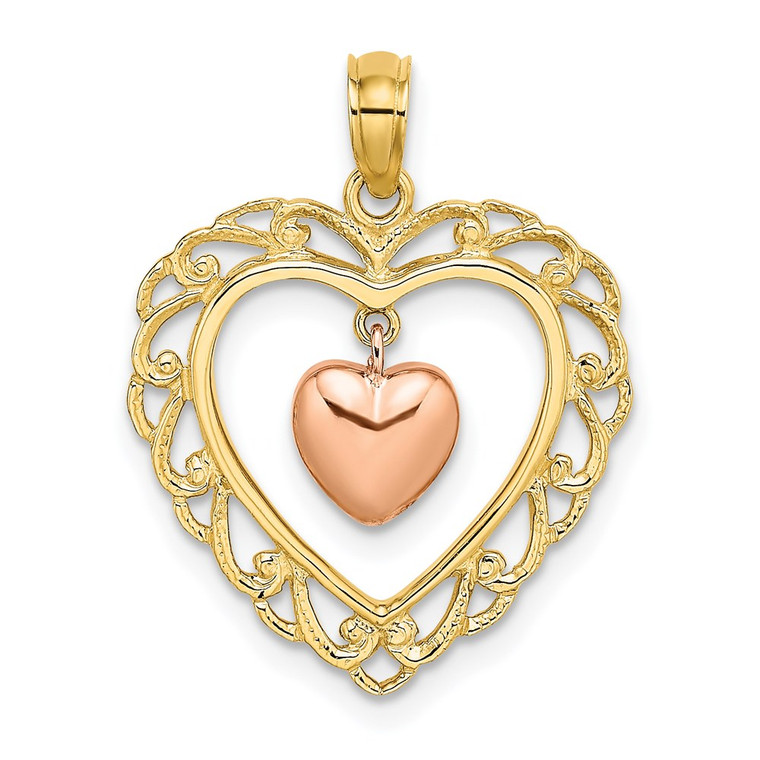 14k Yellow and Rose Gold Polished Dangling Heart In Heart Charm
