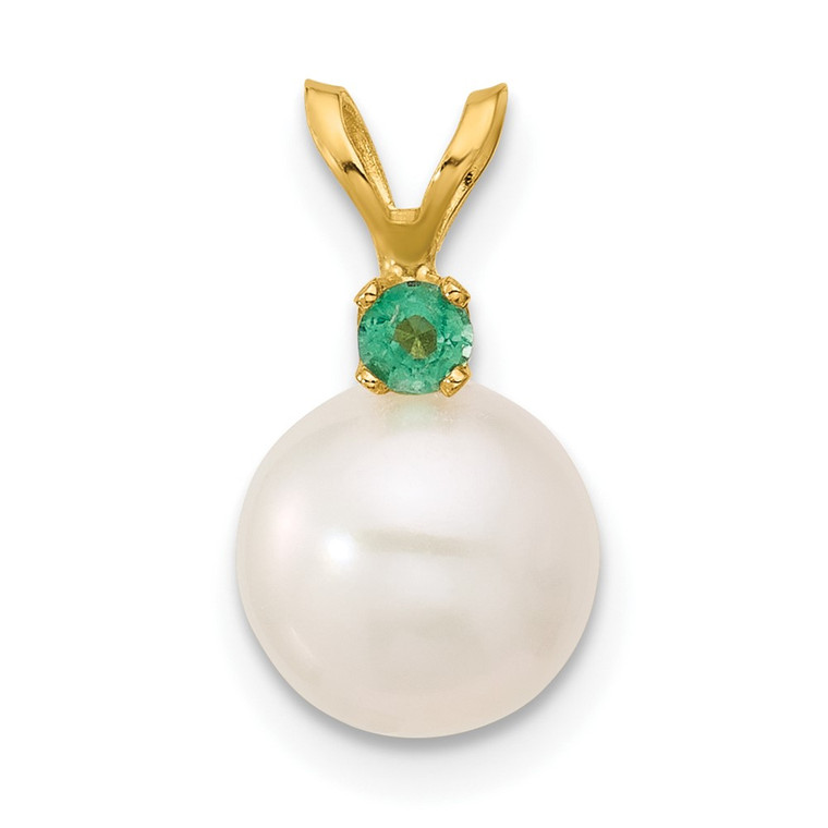 14k8-8.5mm White Round Freshwater Cultured Pearl and .09EM Emerald Pendant