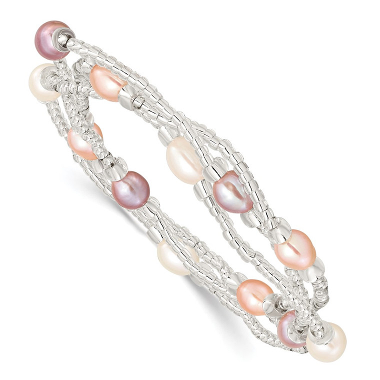 6-8mm White, Pink and Purple Rice Freshwater Cultured Pearl and Glass Bead Stretch 3-Bracelet Set