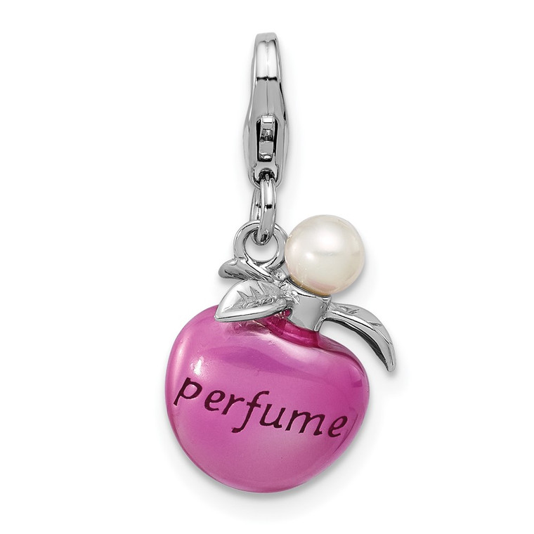 Amore La Vita Sterling Silver Rhodium-plated Magenta Enameled Perfume Bottle and Freshwater Cultured Pearl Charm with Fancy Lobster Clasp