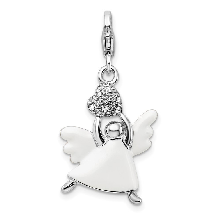 Amore La Vita Sterling Silver Rhodium-plated Polished 3-D White Enameled Crystal Angel Charm with Fancy Lobster Clasp