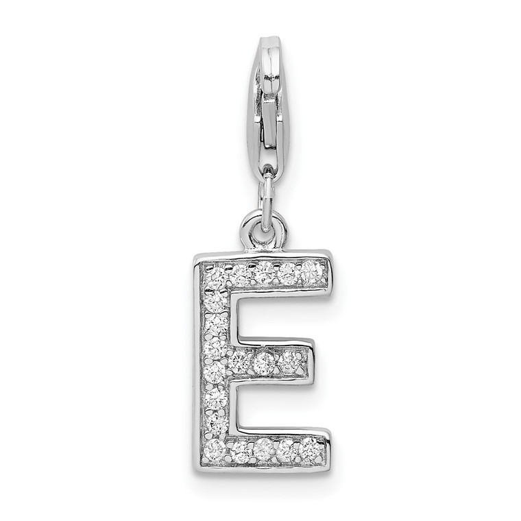 Amore La Vita Sterling Silver Rhodium-plated Polished CZ Letter E Initial Charm with Fancy Lobster Clasp - QC-8277EC2E-9102