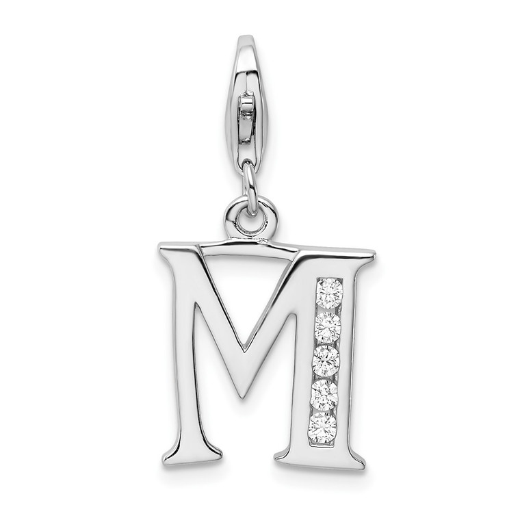 Amore La Vita Sterling Silver Rhodium-plated Polished CZ Letter M Initial Charm with Fancy Lobster Clasp - QC-B3159D49-3717