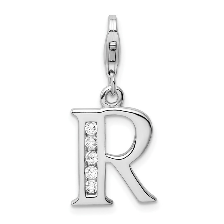 Amore La Vita Sterling Silver Rhodium-plated Polished CZ Letter R Initial Charm with Fancy Lobster Clasp - QC-4C3854AD-3831
