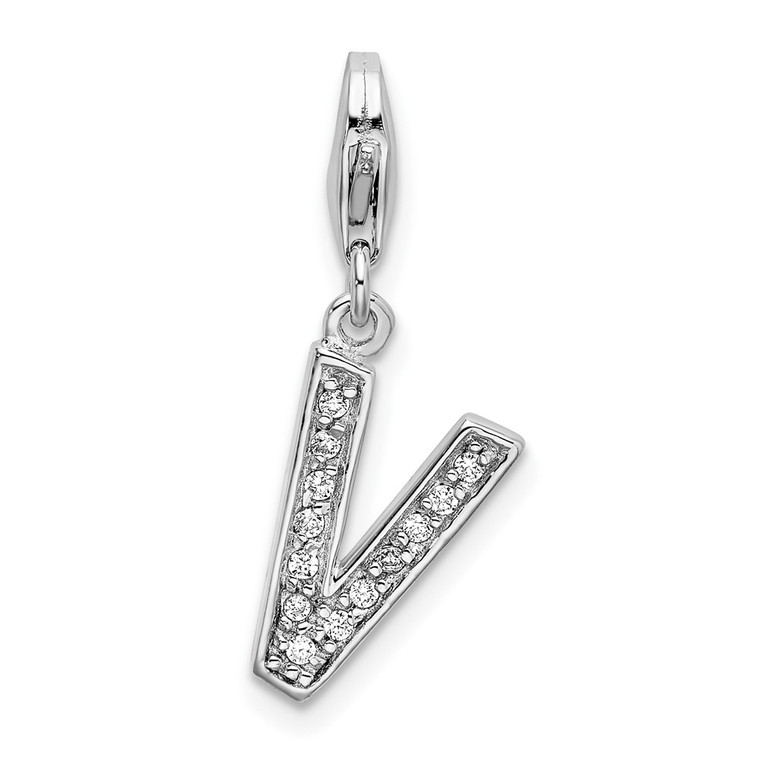 Amore La Vita Sterling Silver Rhodium-plated Polished CZ Letter V Initial Charm with Fancy Lobster Clasp - QC-733FA9A7-1238