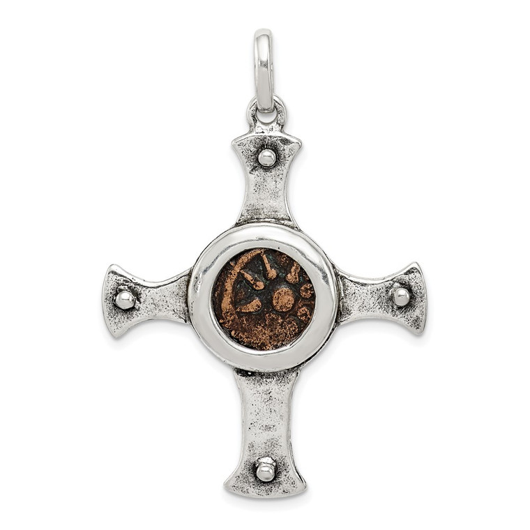 Ancient Coins Sterling Silver and Bronze Antiqued Widow's Mite Coin Cross Pendant with a Certificate of Authenticity - QA-D33047CF-6317