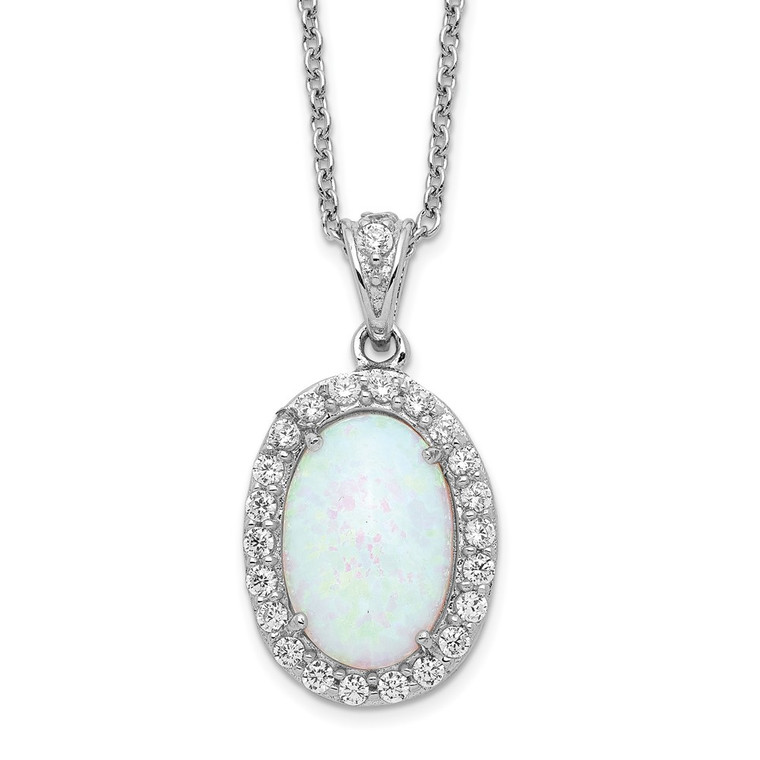 Cheryl M Sterling Silver Rhodium-plated Cabochon Lab Created Opal and Brilliant-cut CZ Oval Halo 18 Inch Necklace - QC-3F5C9A7B-9252