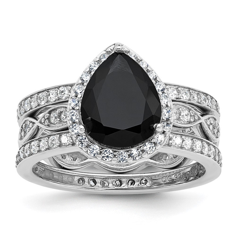 Cheryl M Sterling Silver Rhodium-plated Polished Black and White CZ Teardrop Halo 3 Ring Set - QC-42171A11-7307