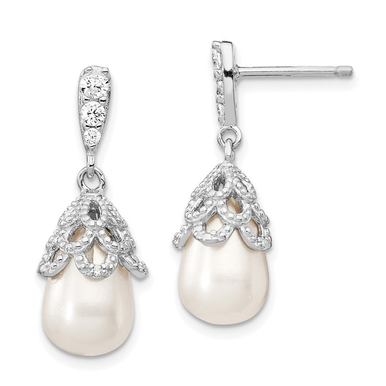 Cheryl M Sterling Silver Rhodium-plated Teardrop White Freshwater Cultured Pearl and Brilliant-cut CZ Post Dangle Earrings - QC-DCE4AEE5-6354